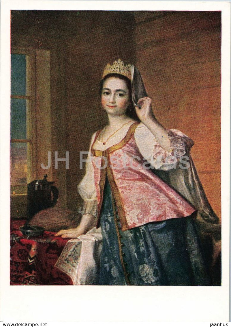 painting by Dmitry Levitsky - Portrait of A. D. Levitskaya - folk costumes - 1961 - Russia USSR - unused - JH Postcards