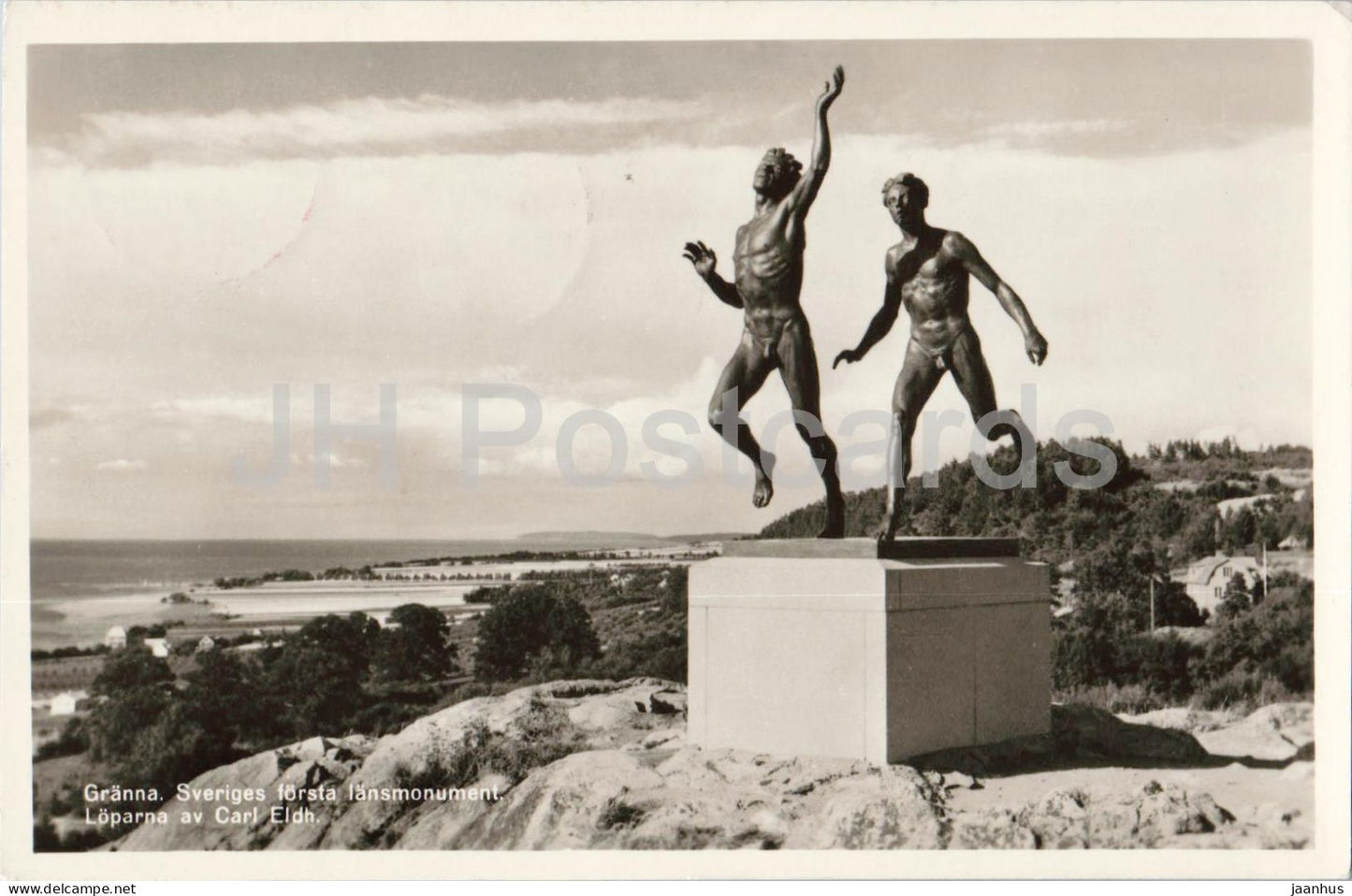 Granna Sveriges forsta lansmonument Loparna av Carl Eldh - The Runners - monument - old postcard - 1958 - Sweden - used - JH Postcards