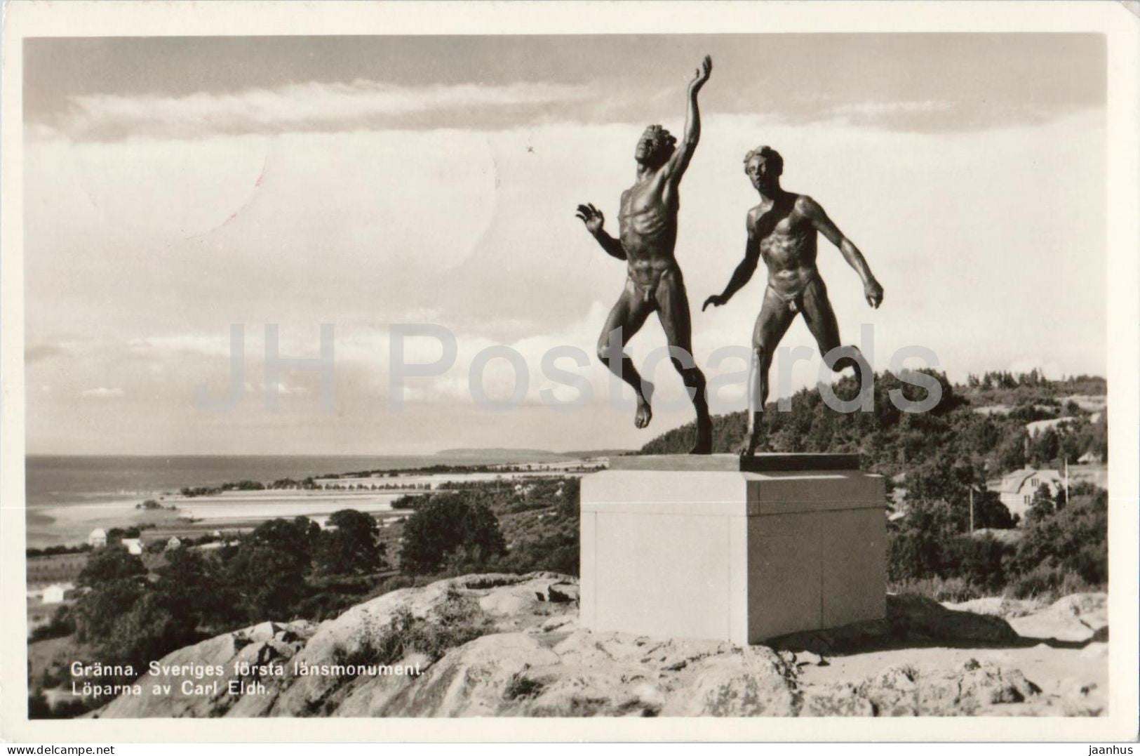 Granna Sveriges forsta lansmonument Loparna av Carl Eldh - The Runners - monument - old postcard - 1958 - Sweden - used - JH Postcards