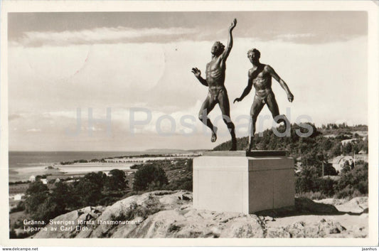 Granna Sveriges forsta lansmonument Loparna av Carl Eldh - The Runners - monument - old postcard - 1958 - Sweden - used - JH Postcards