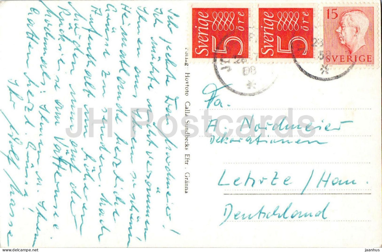 Granna Sveriges forsta lansmonument Loparna av Carl Eldh - The Runners - monument - old postcard - 1958 - Sweden - used
