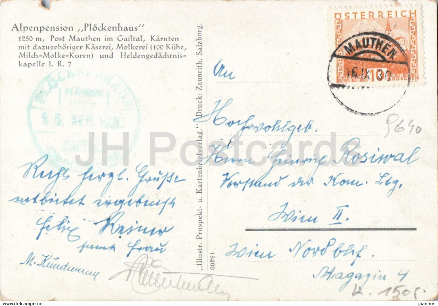 Alpenpension Plockenhaus 1250 m - Post Mauthen im Gailtal - illustration - old postcard - 1930 - Austria - used