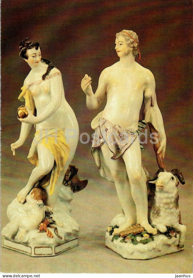 sculpture by Friedrich Elias Meyer - Venus and Paris - Venus und Paris - sheep - porcelain - 1988 - Germany DDR - unused - JH Postcards