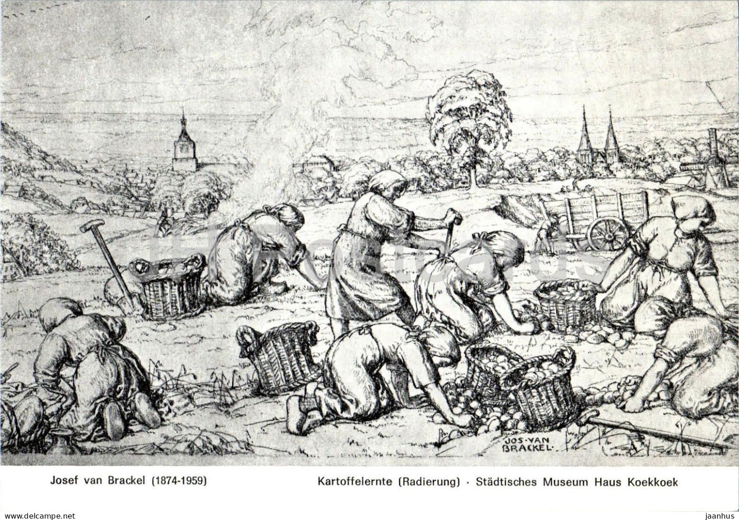 engraving by Josef van Brackel - The Potato Harvest - Kartoffelernte - German art - Germany - unused - JH Postcards