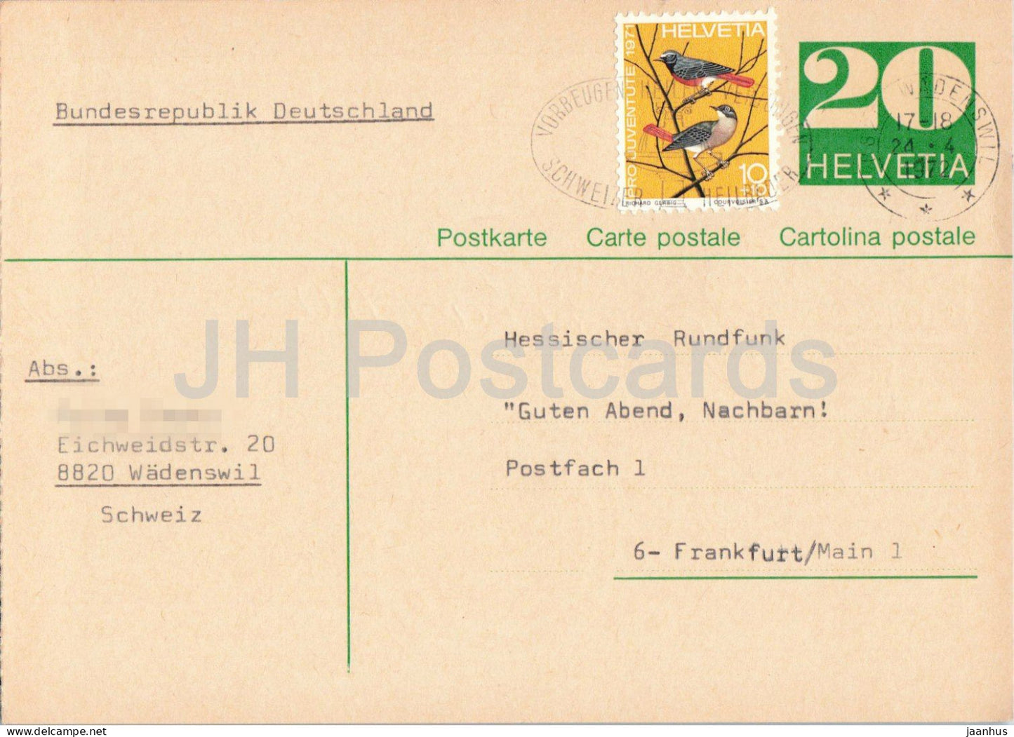 Guten Abend Nachbarn - Hessischer Rundfunk - postal stationery - 88 - 1972 - Switzerland - used - JH Postcards