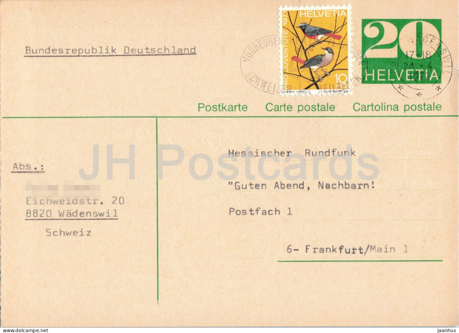 Guten Abend Nachbarn - Hessischer Rundfunk - postal stationery - 88 - 1972 - Switzerland - used - JH Postcards