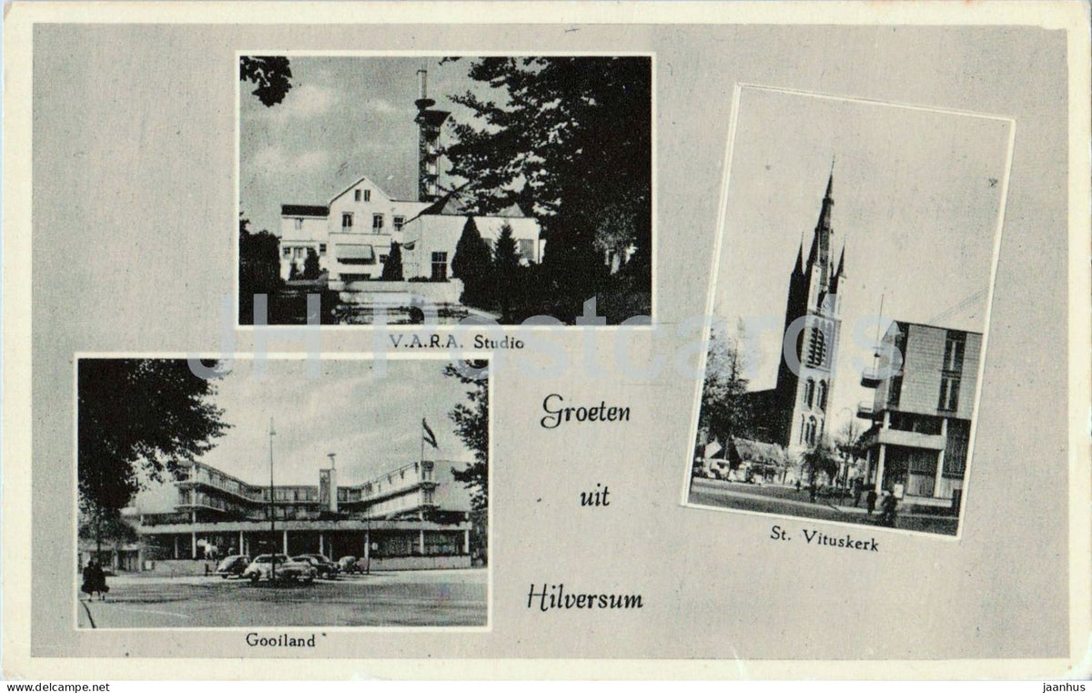 Groeten uit Hilversum VARA Studio Gooiland St. Vituskerk - car - multiview - old postcard - 1950s - Netherlands - unused - JH Postcards