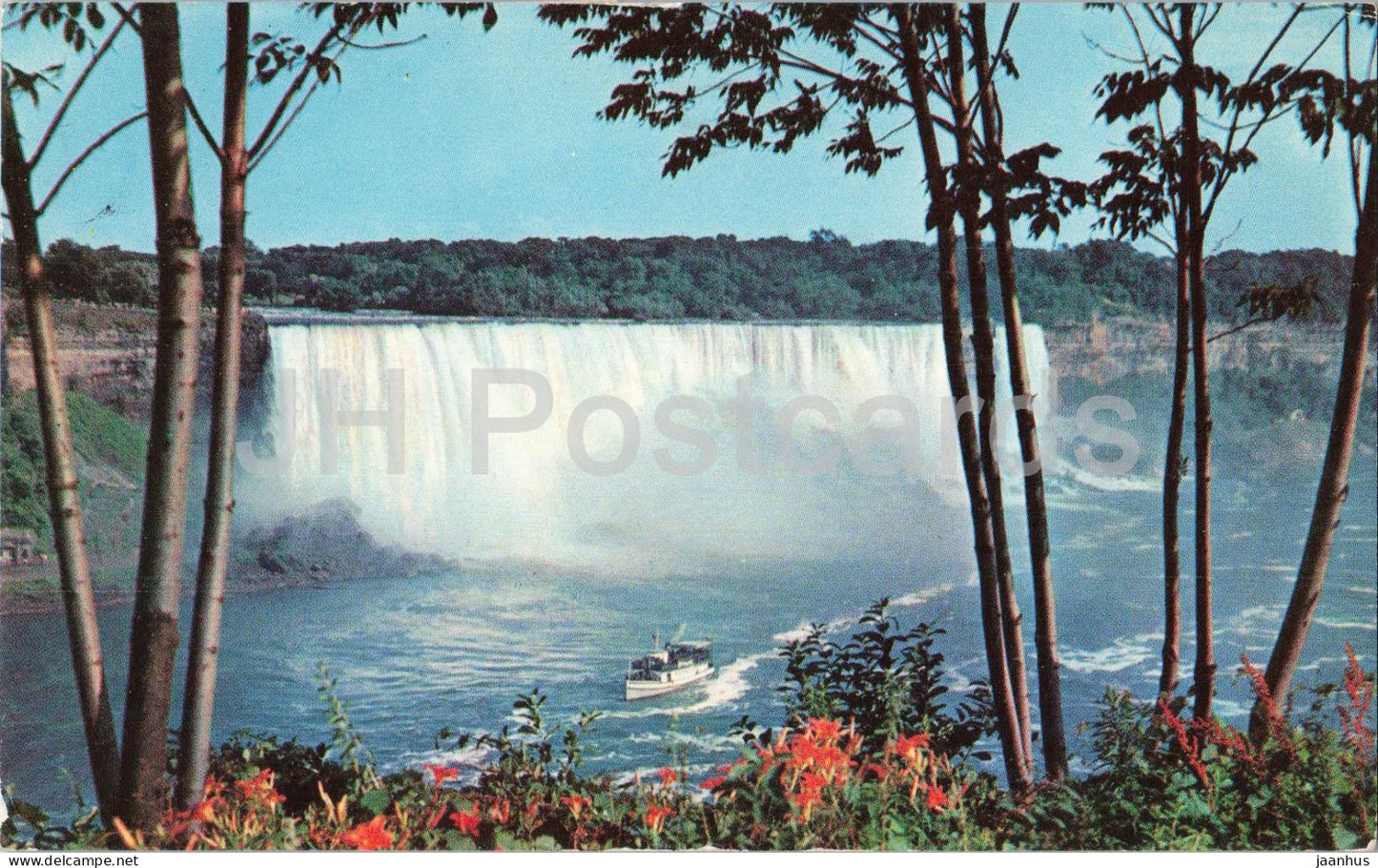 Niagara Falls - American Falls and Maid of the Mist - waterfall - boat - view - old postcard - 1957 - USA - used - JH Postcards