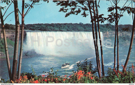 Niagara Falls - American Falls and Maid of the Mist - waterfall - boat - view - old postcard - 1957 - USA - used - JH Postcards