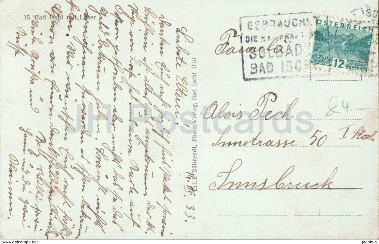 Bad Ischl mit Loser - Kirche - panorama - Alpes - 15 - carte postale ancienne - 1933 - Autriche - utilisé 