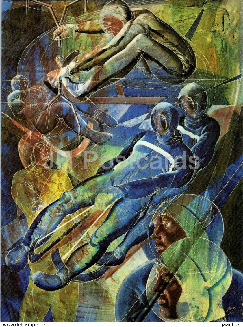 painting by Hans Erni - Luge de Course - Racing Luge - Olympic sport - Swiss art - 1983 - Switzerland - unused - JH Postcards