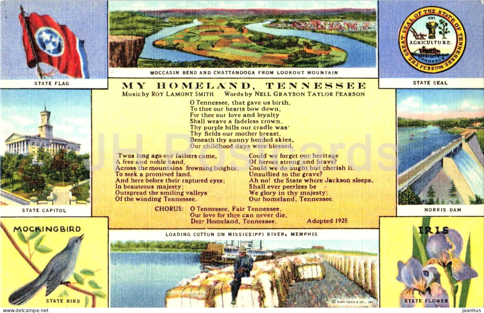 My Homeland Tennessee - State Flag - Capitol - Norris Dam - Mockingbird Iris - multiview - old postcard - USA - unused - JH Postcards