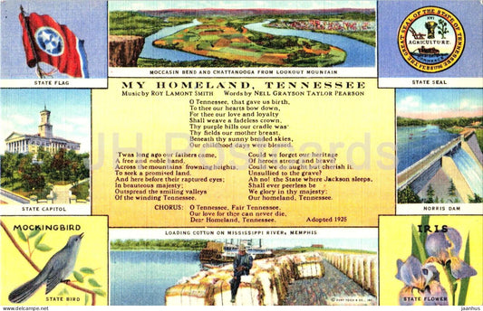 My Homeland Tennessee - State Flag - Capitol - Norris Dam - Mockingbird Iris - multiview - old postcard - USA - unused - JH Postcards