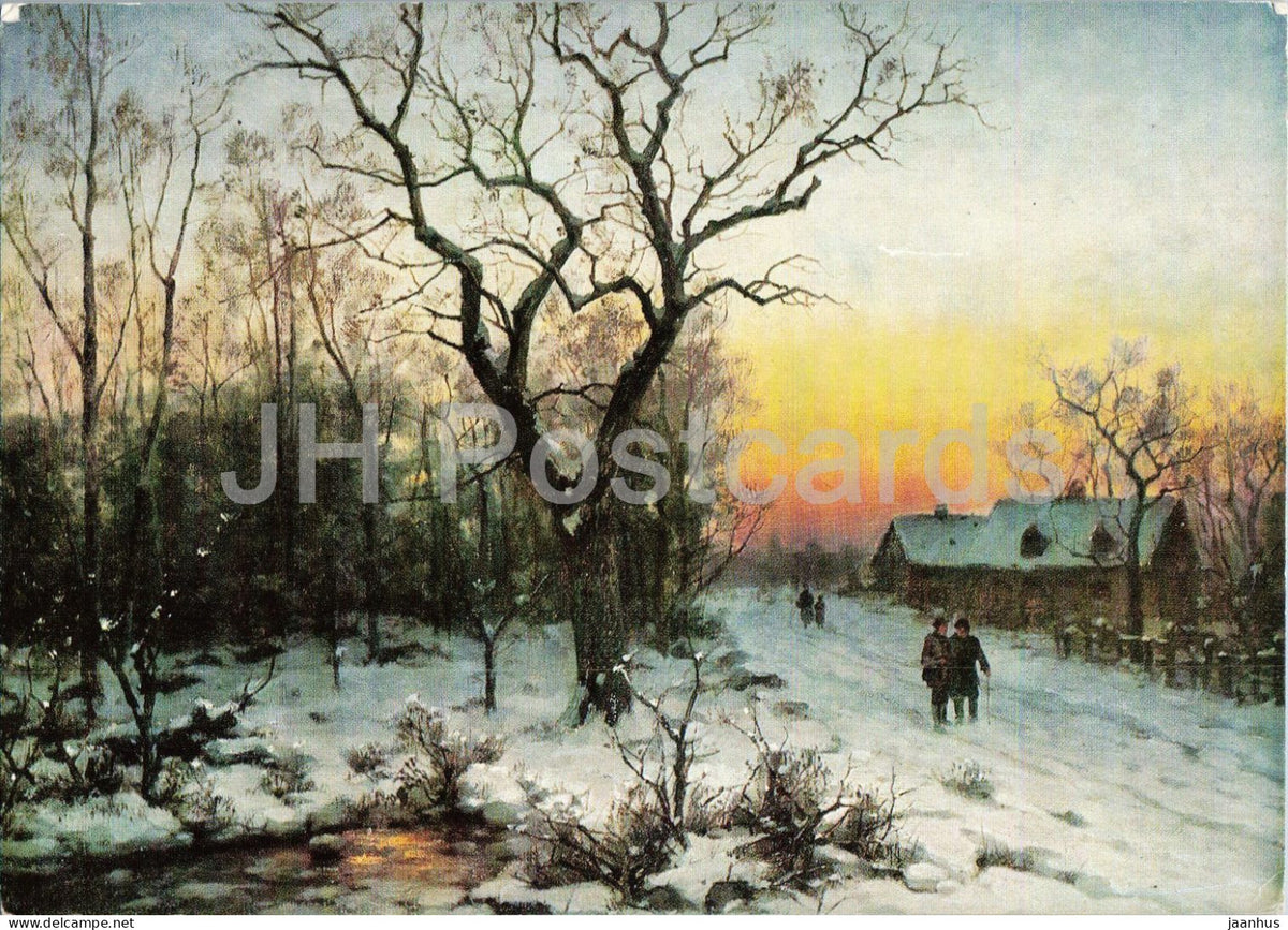 painting by Felix Kreutzer - Way Home in Winter - Heimweg im Winter - winter landscape - German art - Germany - unused - JH Postcards