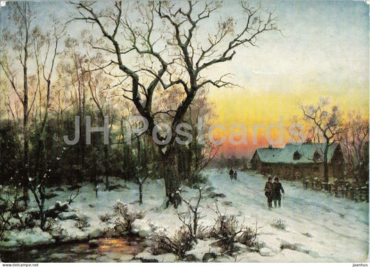 painting by Felix Kreutzer - Way Home in Winter - Heimweg im Winter - winter landscape - German art - Germany - unused - JH Postcards
