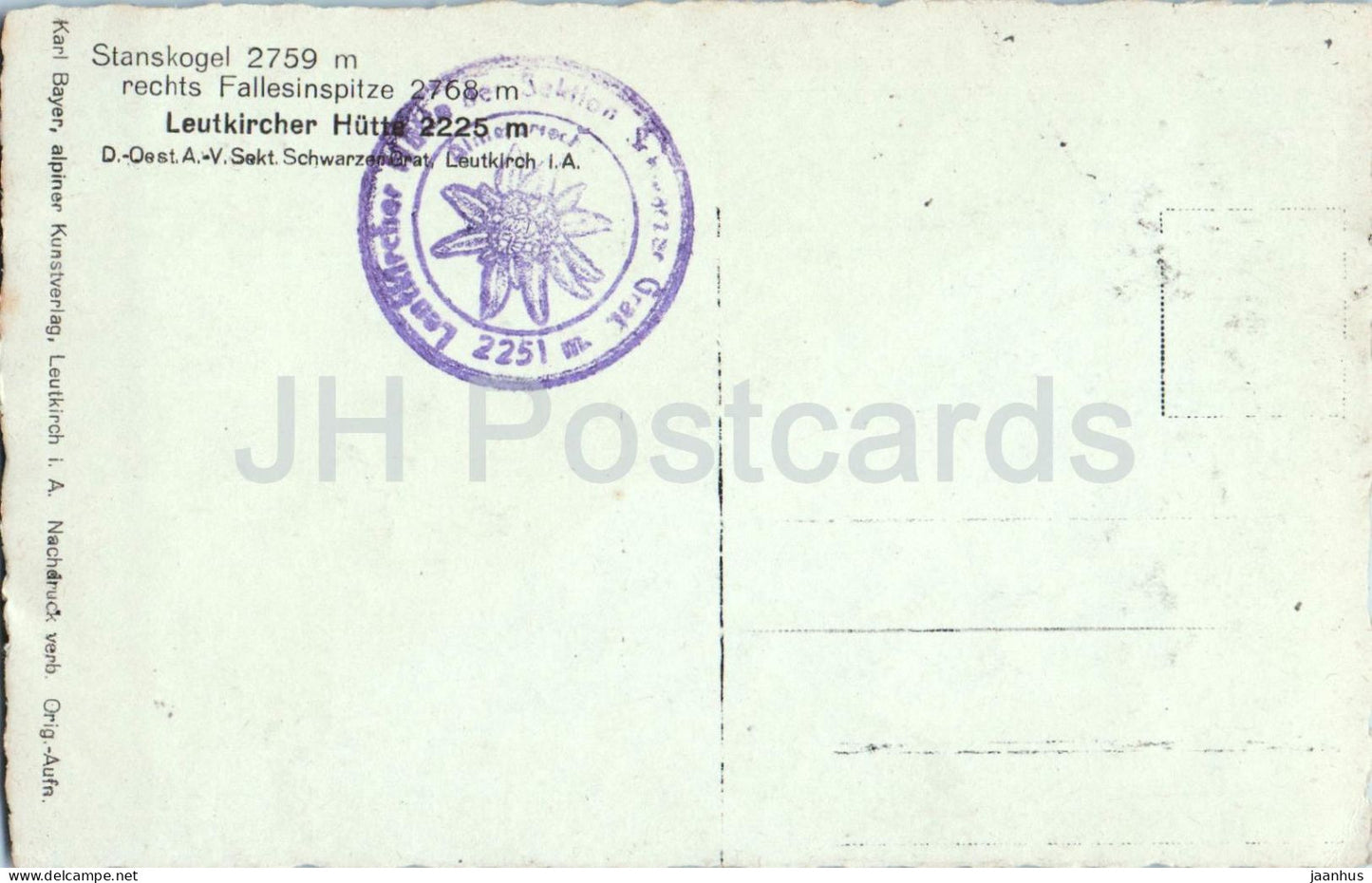Stanskogel 2759 m rechts Fallesinspitze 2768 m - Leutkircher Hutte - old postcard - Austria - unused