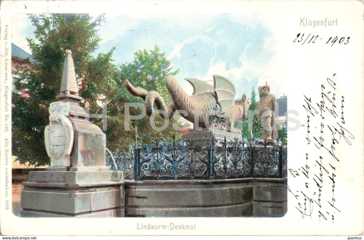 Klagenfurt - Lindwurm Denkmal - Dragon Fountain Monument - No. 166 - old postcard - 1903 - Austria - used - JH Postcards