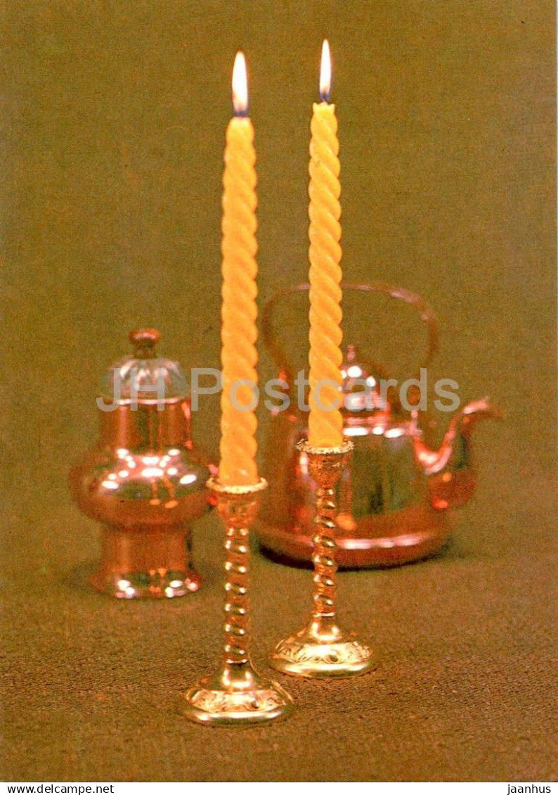 New Year Greeting card - 2 - candles - teapot - 1988 - Estonia USSR - used - JH Postcards