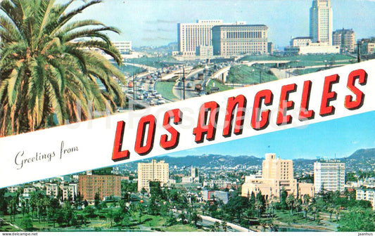 Greetings from Los Angeles California - downtown skyline - city view - old postcard - 1957 - USA - used - JH Postcards
