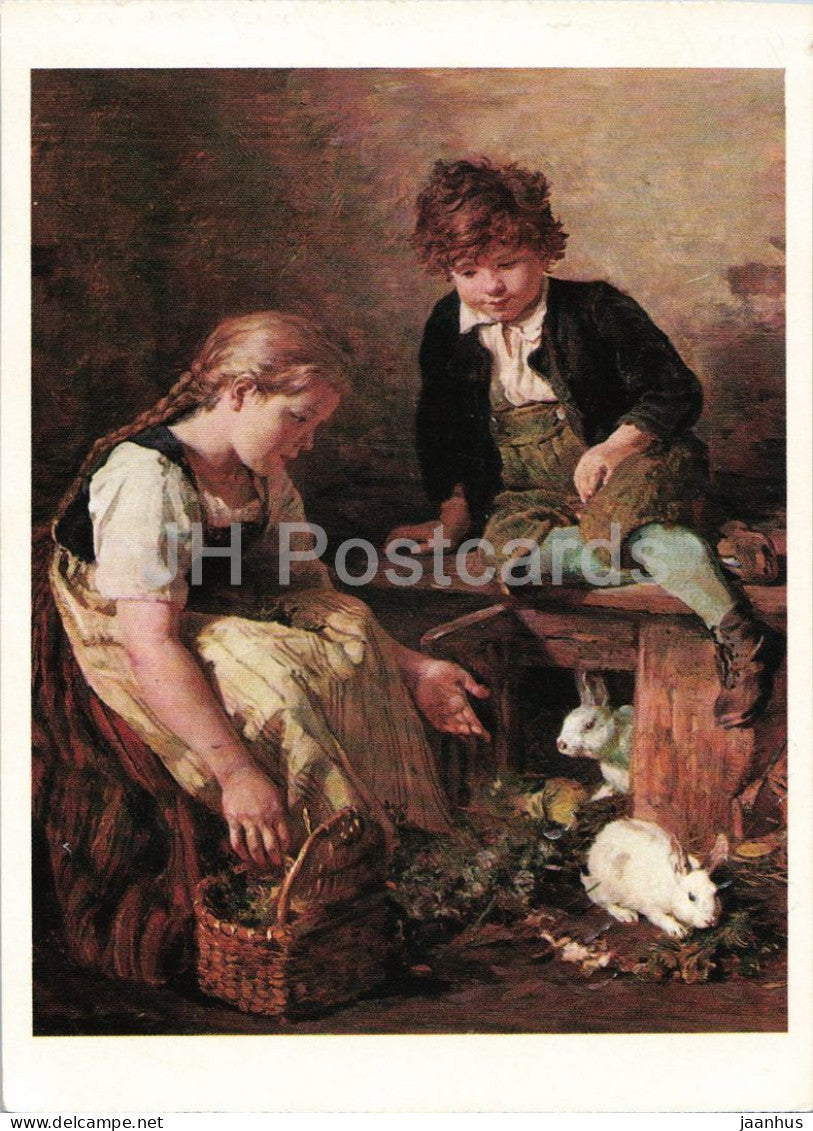 painting by Schlesinger - Children at the Rabbit Hutch - Kinder am Hasenstall - rabbit - animals 1970s - Germany - used - JH Postcards