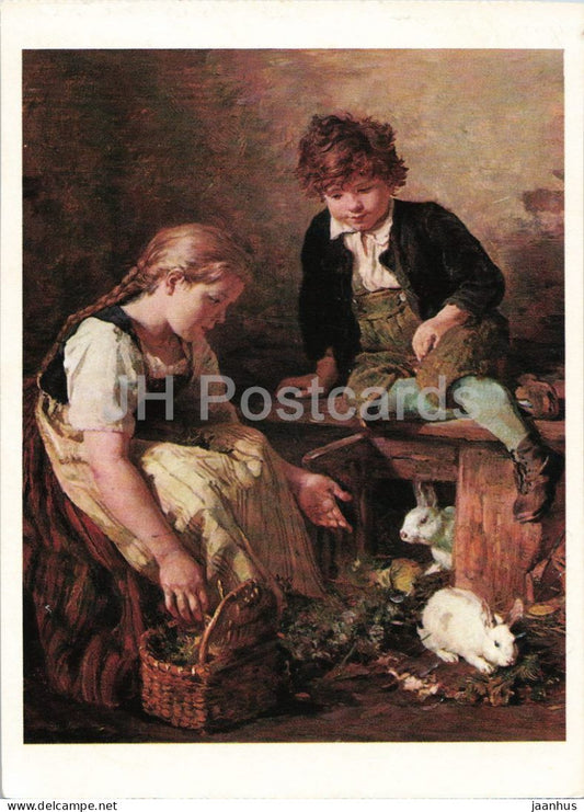 painting by Schlesinger - Children at the Rabbit Hutch - Kinder am Hasenstall - rabbit - animals 1970s - Germany - used - JH Postcards