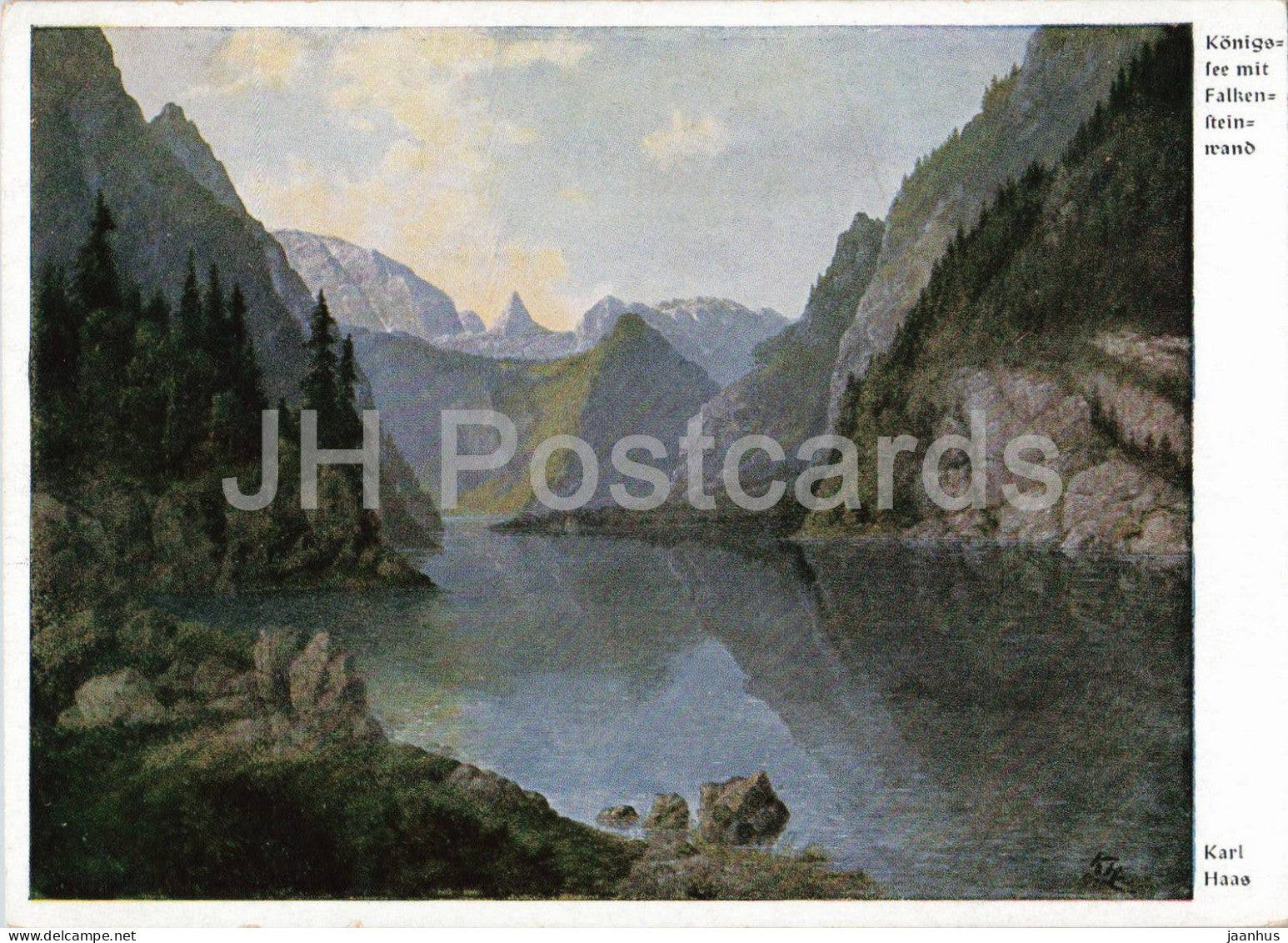 painting by Karl Haas - Konigssee with Falkensteinwand - lake landscape - old - 1930s - Germany - unused - JH Postcards