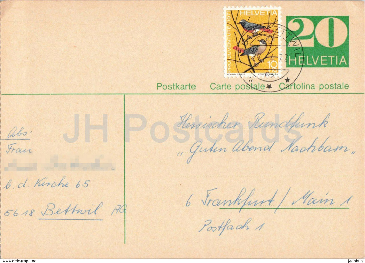 Guten Abend Nachbarn - Hessischer Rundfunk - postal stationery - 67 - 1972 - Switzerland - used - JH Postcards