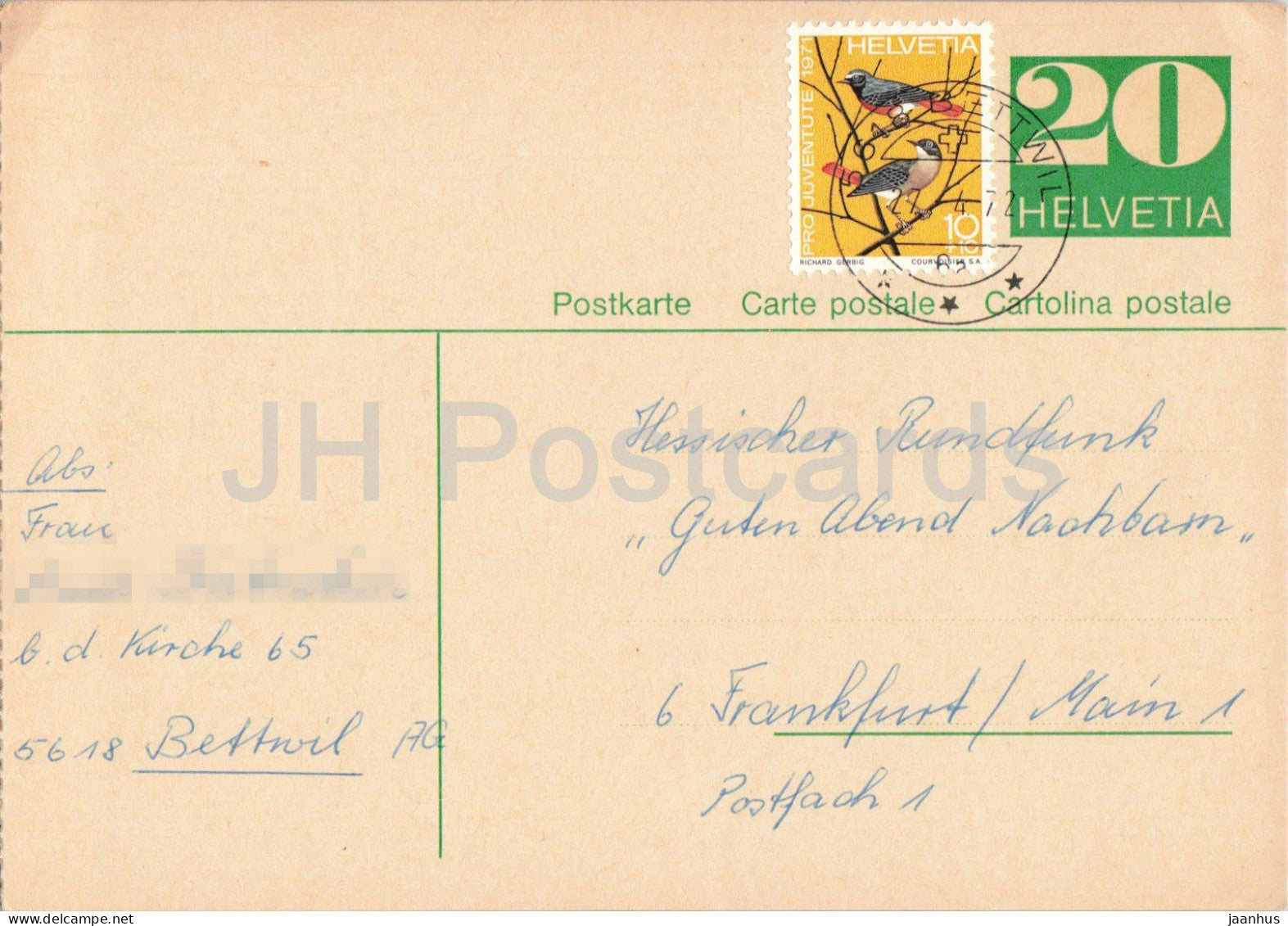 Guten Abend Nachbarn - Hessischer Rundfunk - postal stationery - 67 - 1972 - Switzerland - used - JH Postcards