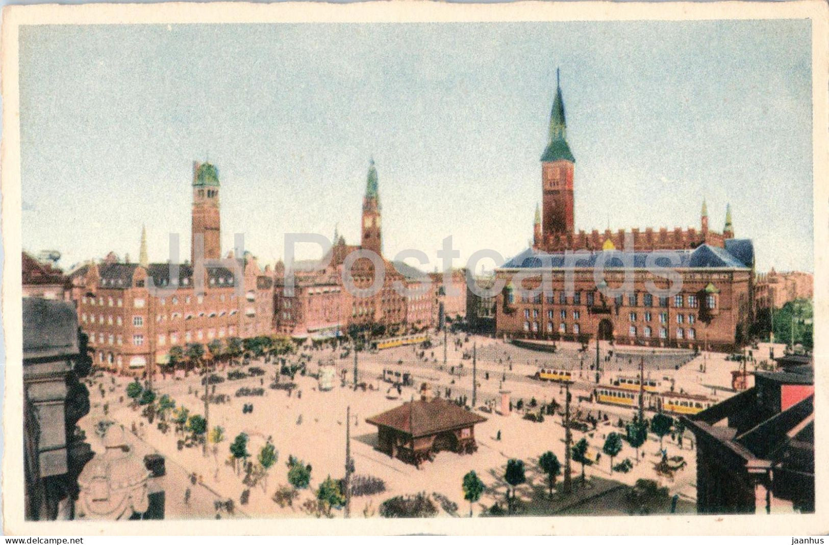 Copenhagen - Kobenhavn Raadhuspladsen - Town hall Square - tram - Nr 6 - old postcard - Denmark - unused - JH Postcards