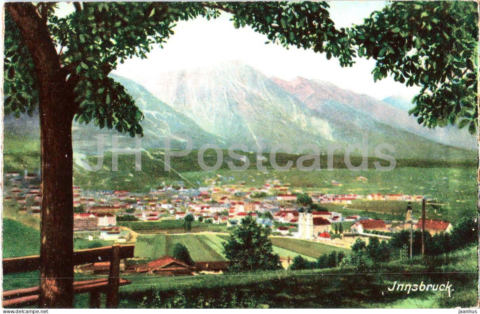 Innsbruck - View over the city and Nordkette mountains - panorama - Alps - old postcard - Austria - unused - JH Postcards