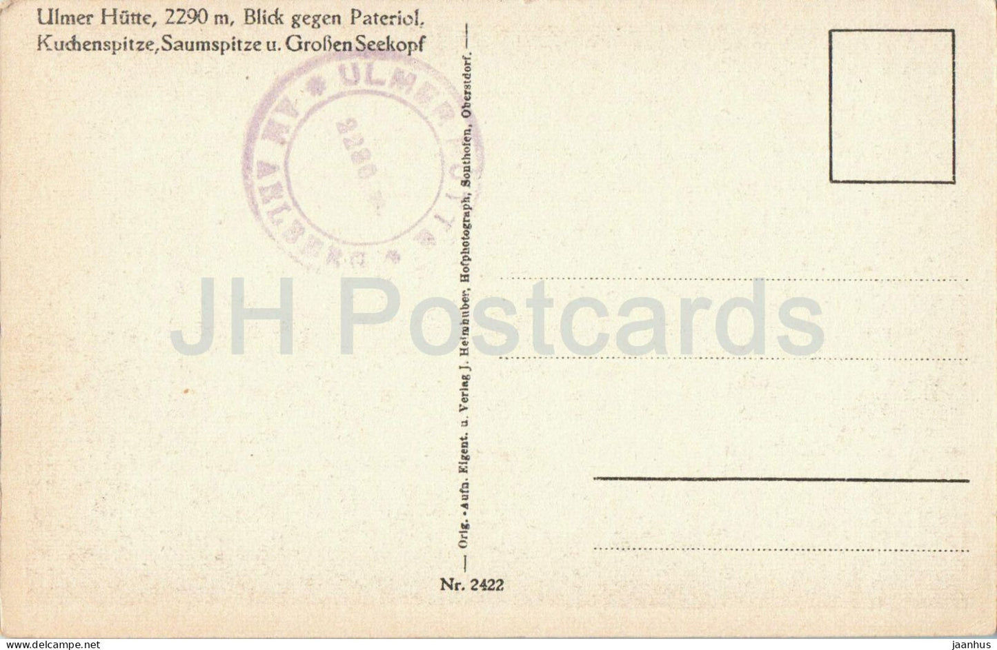 Ulmer Hutte - Blick gegen Pateriol - Kuchenspitze - Saumspitze und Grossen Seekopf - old postcard - Austria - unused