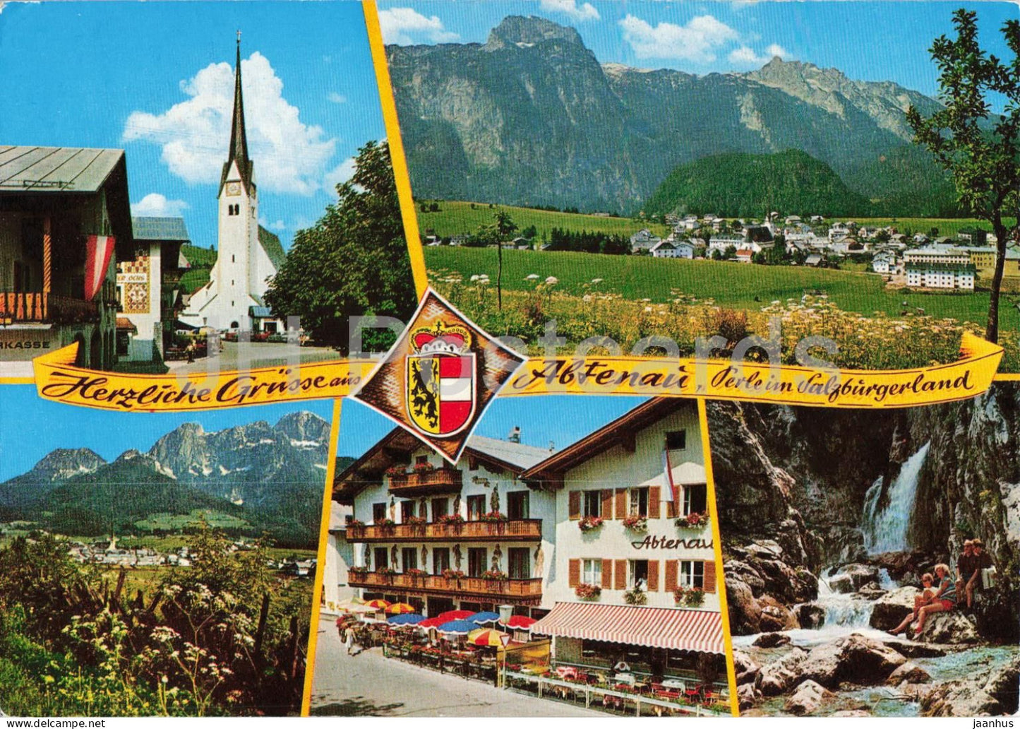 Herzliche Grusse aus Abtenau - Tennengebirge - village - church - mountains - multiview - 841 - 1989 - Austria - used - JH Postcards
