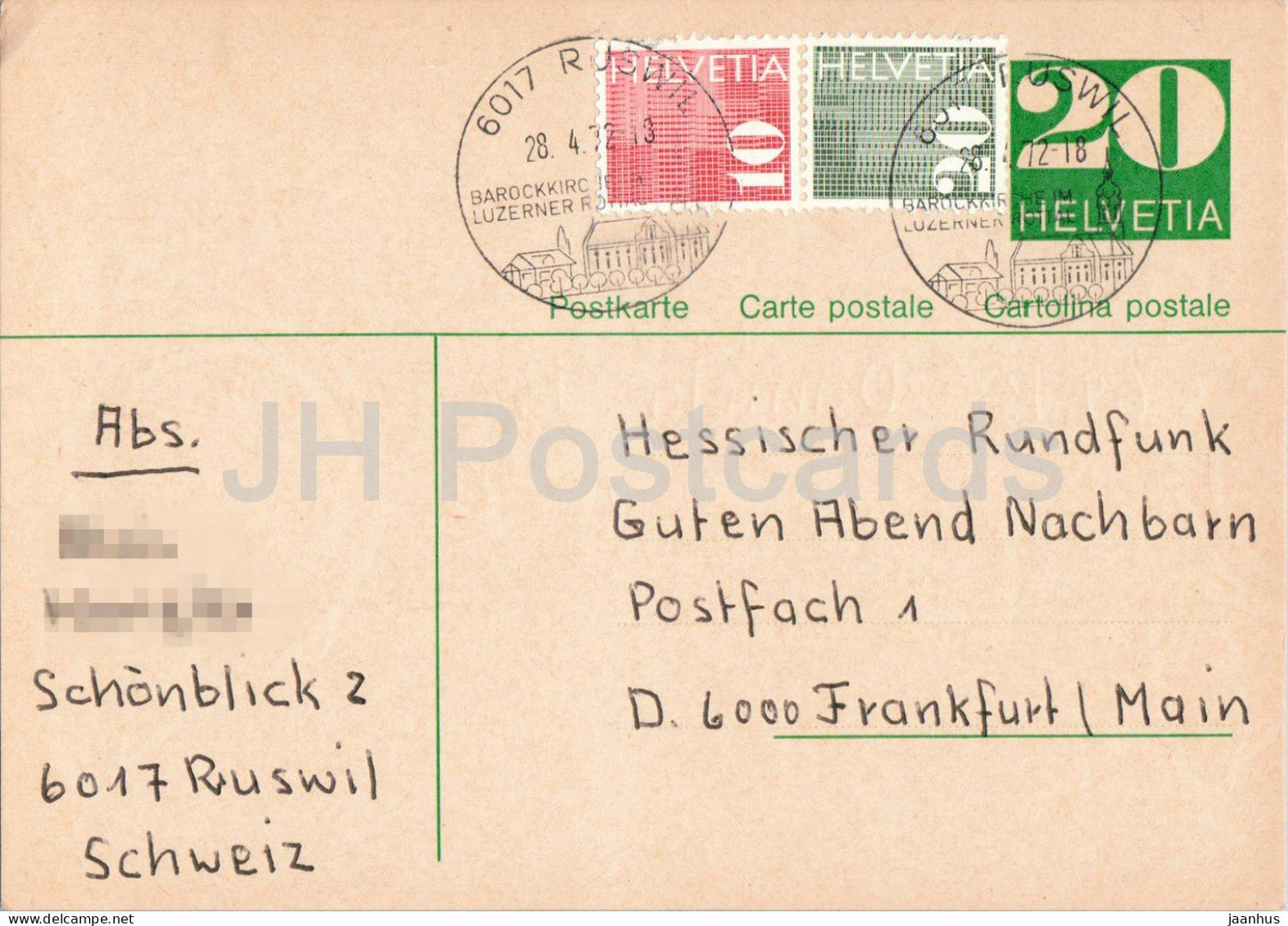 Guten Abend Nachbarn - Hessischer Rundfunk - postal stationery - 62 - 1972 - Switzerland - used - JH Postcards