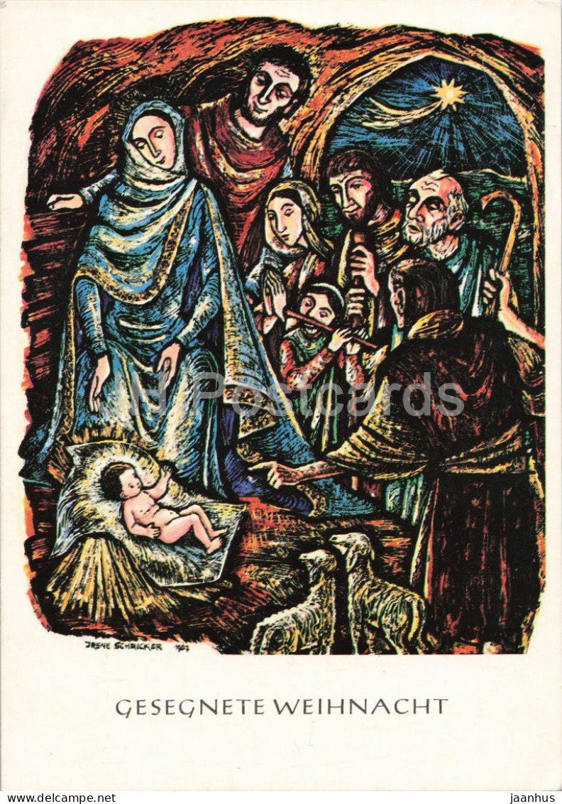 painting by Irene Schricker - The Adoration of the Shepherds - Anbetung der Hirten - sheep - 1967 - Germany - used - JH Postcards