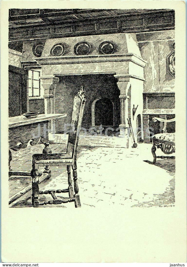 Montergaarden Kaminstue - Fireplace room - museum - interior - fireplace - illustration old postcard - Denmark - unused - JH Postcards