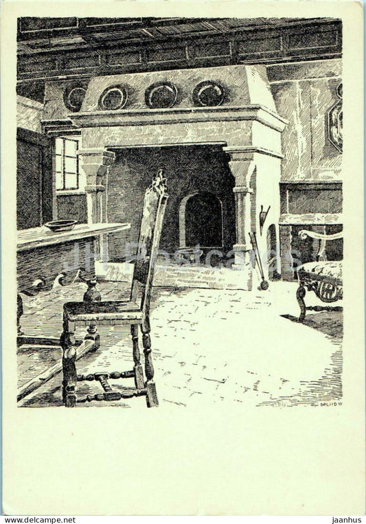 Montergaarden Kaminstue - Fireplace room - museum - interior - fireplace - illustration old postcard - Denmark - unused - JH Postcards