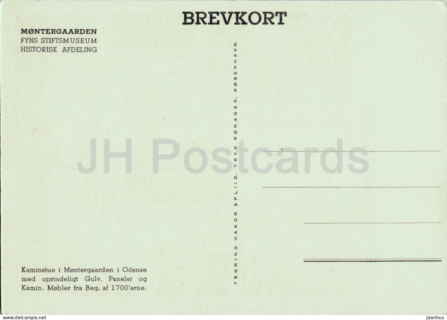 Montergaarden Kaminstue - Fireplace room - museum - interior - fireplace - illustration old postcard - Denmark - unused