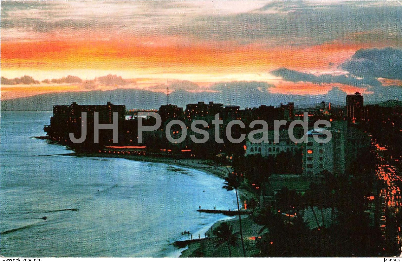 Twilight Time at Waikiki Beach Hawaii - Honolulu sunset - skyline - 1966 - USA - used - JH Postcards