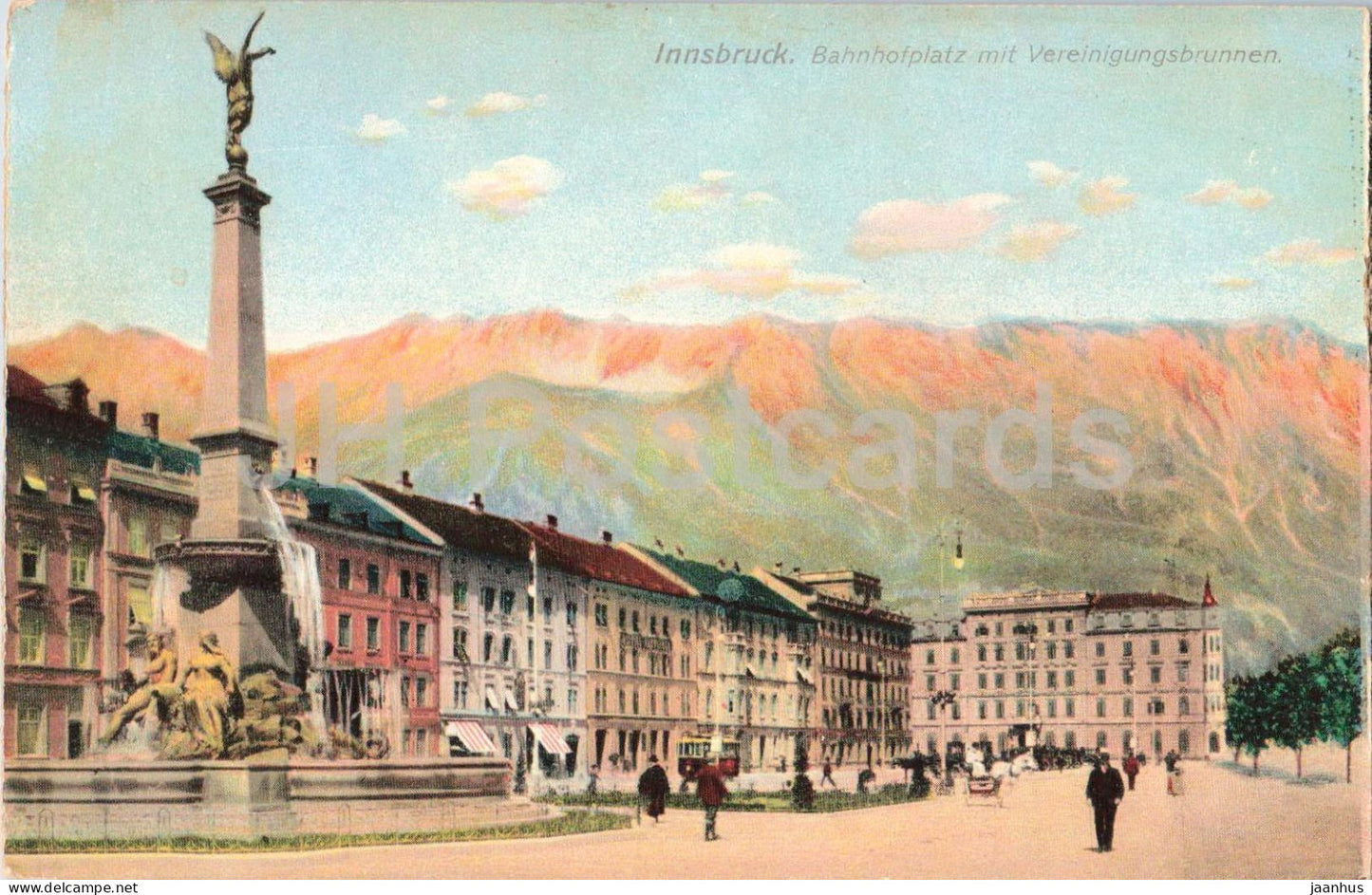 Innsbruck - Bahnhofplatz mit Vereinigungsbrunnen - city center - mountains - old postcard -  Austria - unused - JH Postcards