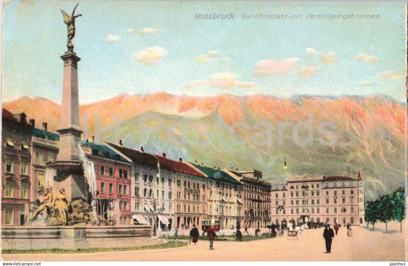 Innsbruck - Bahnhofplatz mit Vereinigungsbrunnen - city center - mountains - old postcard -  Austria - unused - JH Postcards