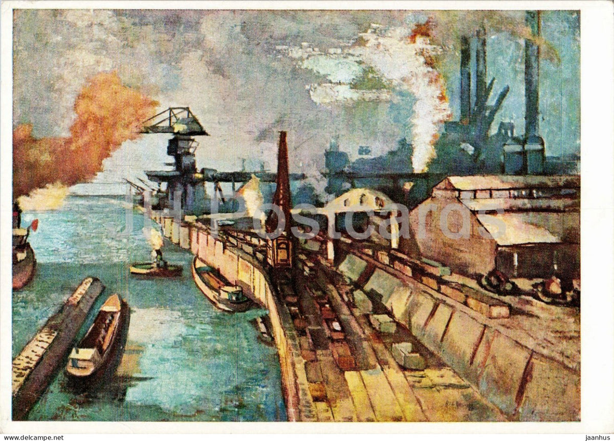 painting by Richard Gessner - Industrial Landscape on the Lower Rhine - boat - German art - 1930s - Germany - used - JH Postcards