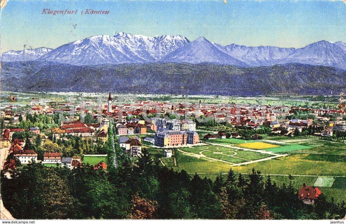 Klagenfurt - Karnten - colored panoramic view with mountains - old postcard - Austria - used - JH Postcards