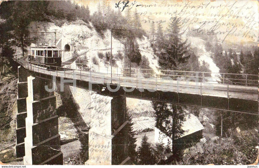 Die Fahrt in Stubaital - Wilten Stubai - Bahnhof - train - railway - tram - bridge old postcard - 1914 - Austria - used - JH Postcards