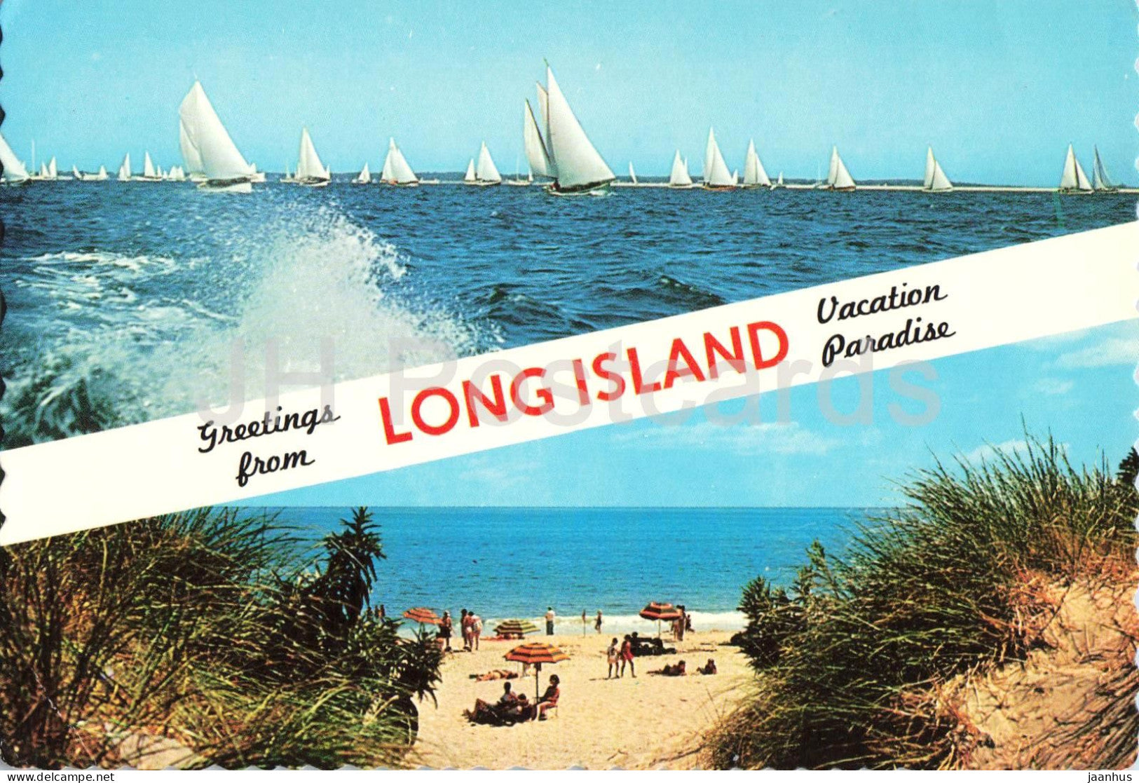 Greetings from Long Island - vacation paradise - beach - sailing boat - 42300 - USA - used - JH Postcards