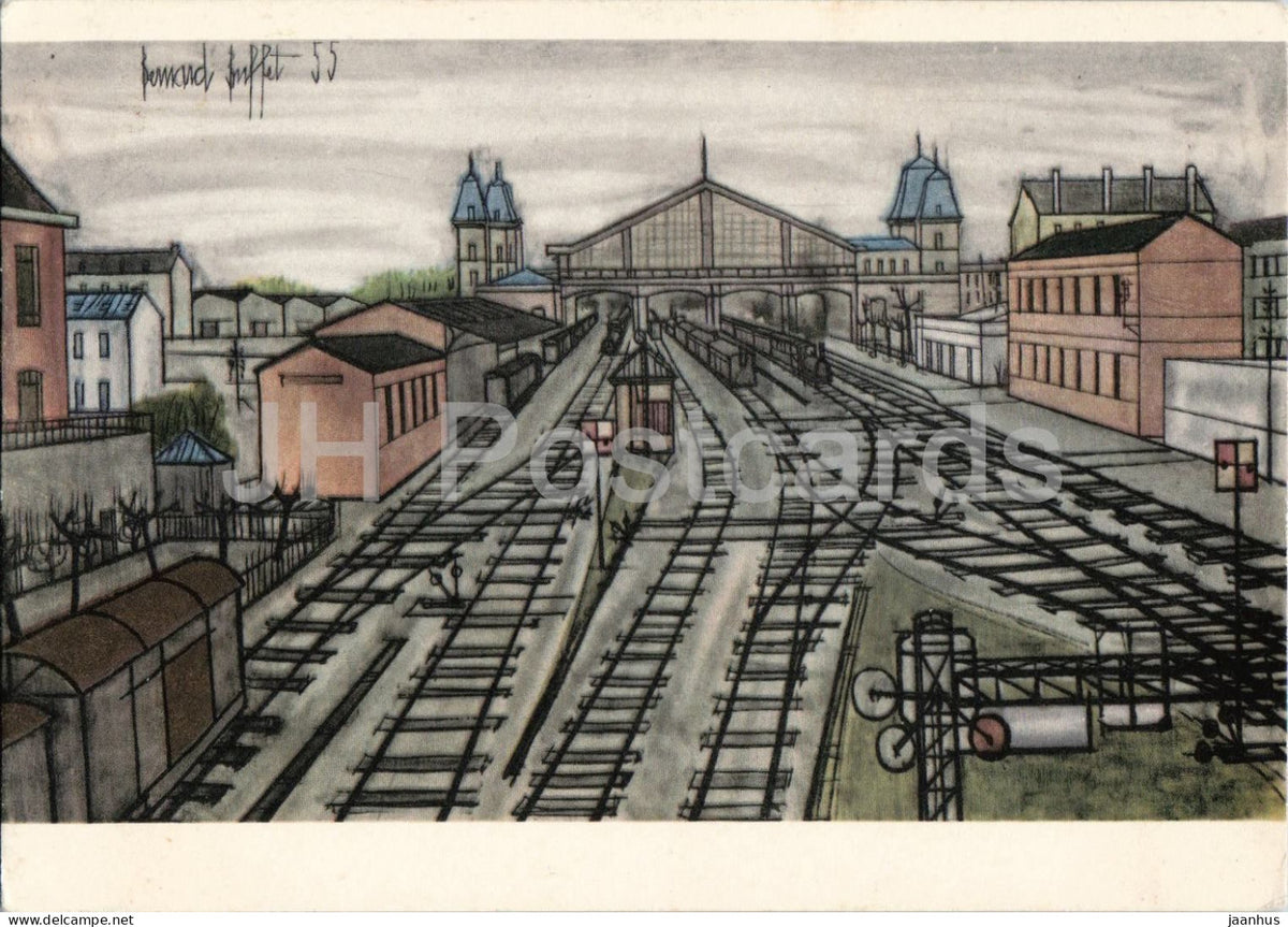 painting by Bernard Buffet - railway station and tracks - French art - France - unused - JH Postcards
