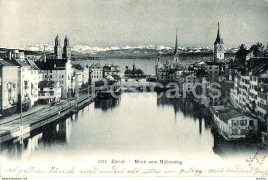 Zurich - Blick vom Muhlesteg - 2274 - view toward lake and Alps - old postcard - 1906 - Switzerland - used - JH Postcards
