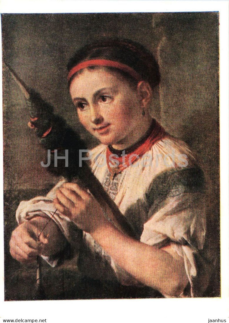painting by Vasily Tropinin - The Spinner - folk costumes - Russian art - 9-1093-60 - 1960 - Russia USSR - unused - JH Postcards