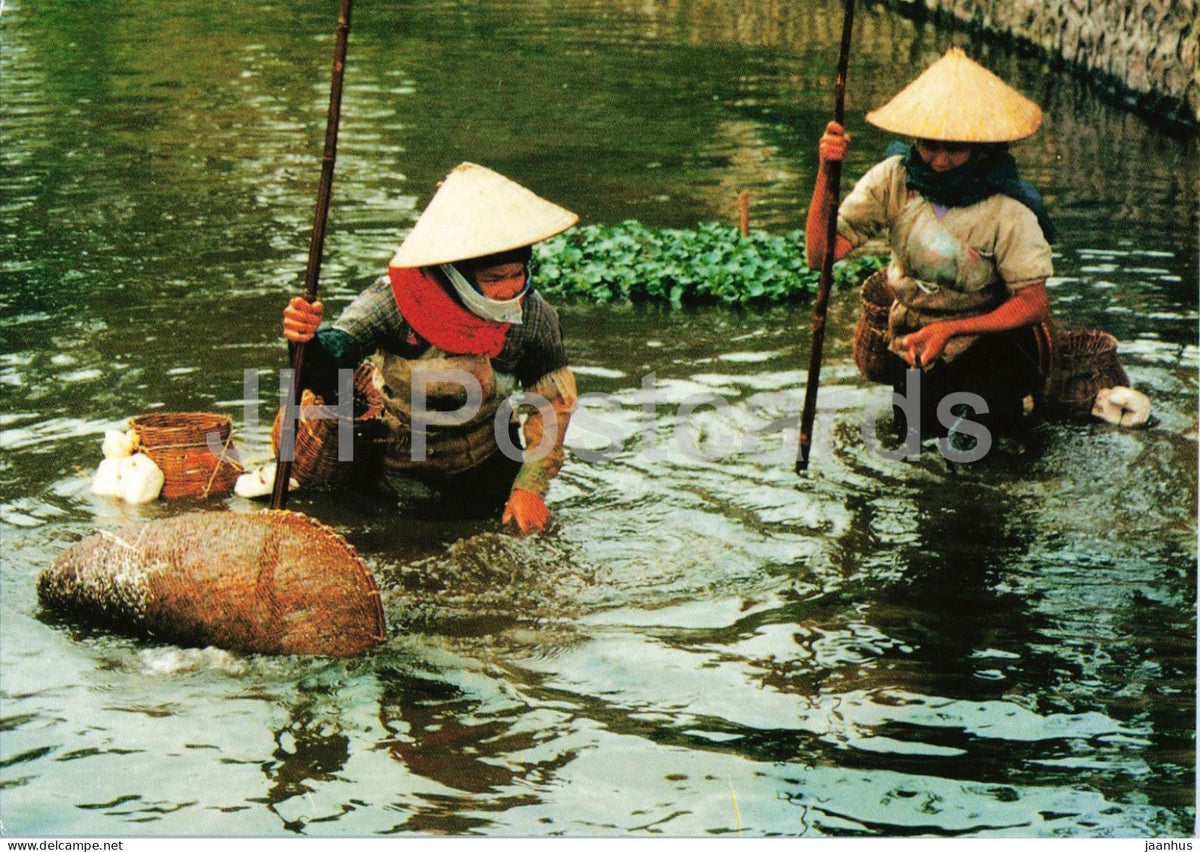 Fishing dredge Hanoi - photograph by Hoang Duc Thu - women fishing - 1990s - Vietnam - unused - JH Postcards