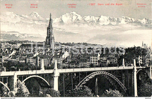 Bern und die Alpen - Berne - bridge - cathedral - Eiger Mönch Jungfrau mountains - 1910 - Switzerland - used - JH Postcards