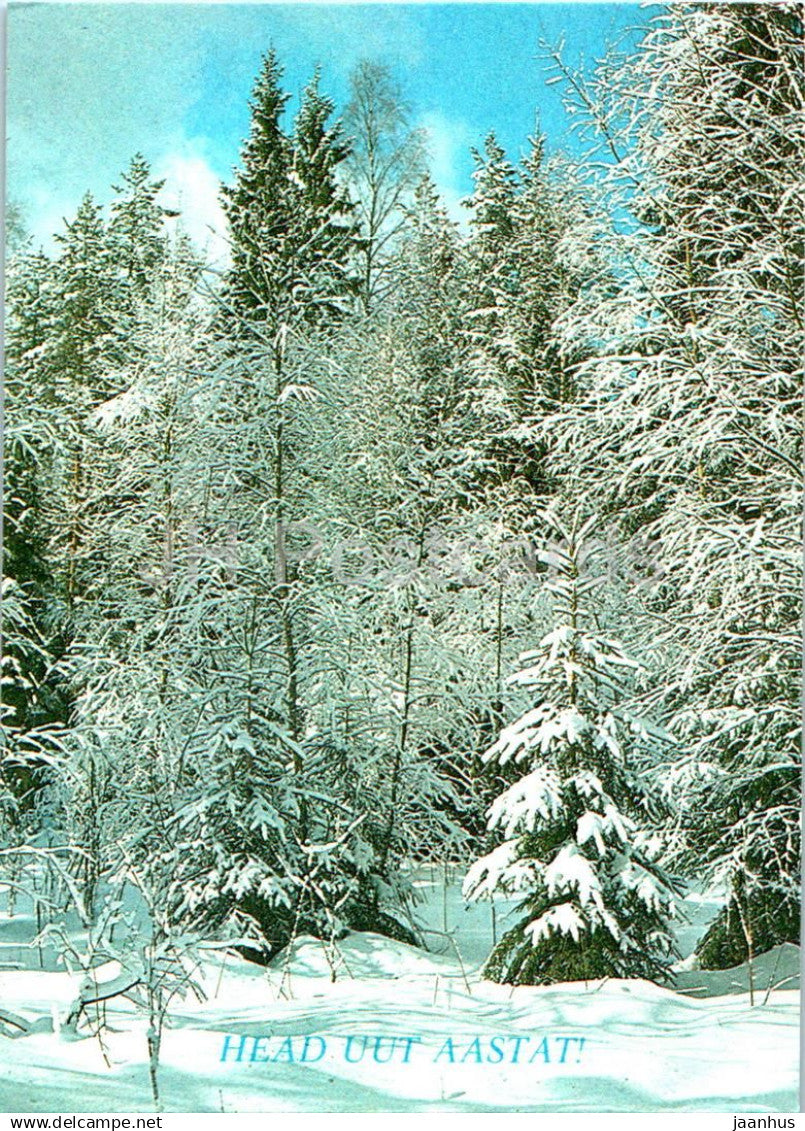 New Year Greeting card - 2 - winter forest - fir trees - 1986 - Estonia USSR - used - JH Postcards